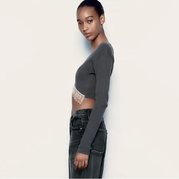 ZARA RHINESTONE SOFT CROP TOP - Picture 9 of 12